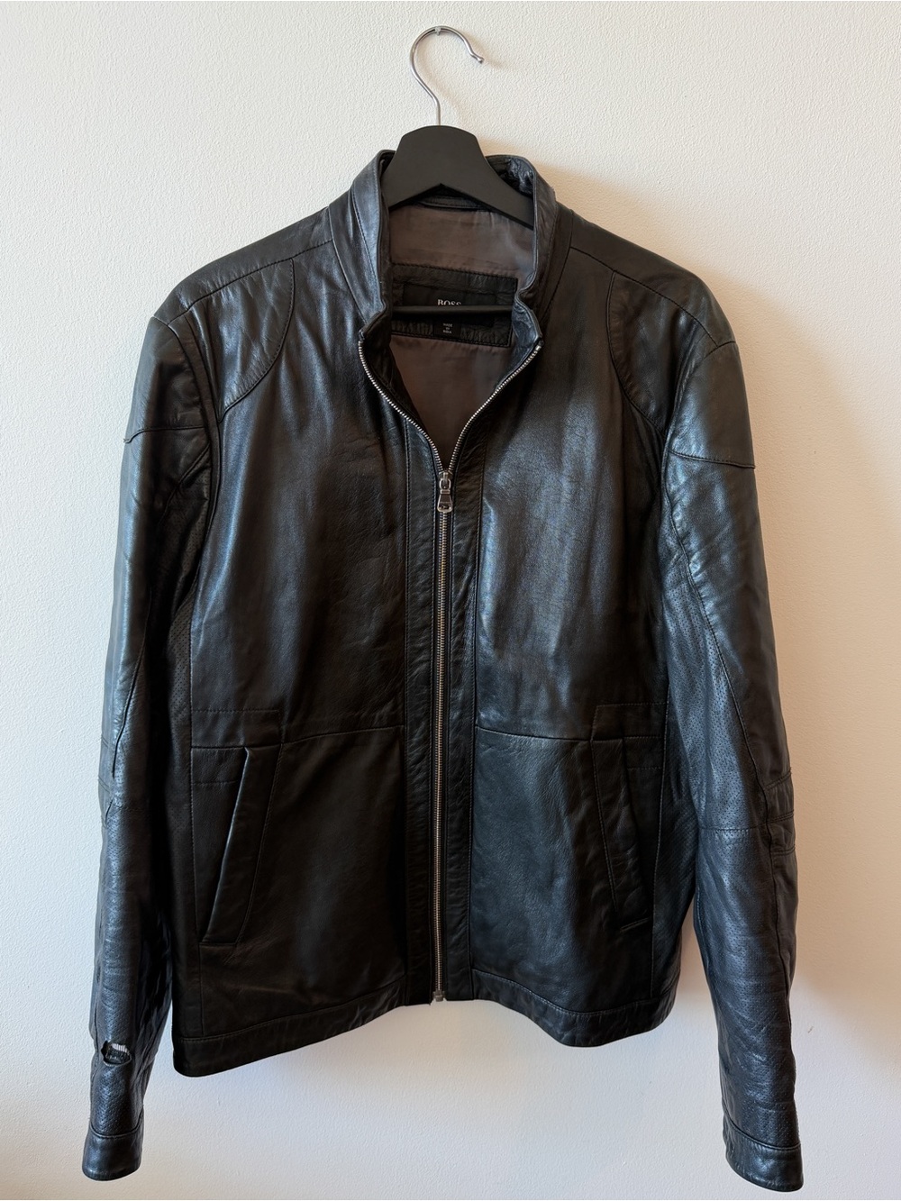 BOSS Men’s Black Leather-Style Jacket – US 42R / Large